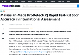 Yahoo Finance - Malaysian-Made ProDetect(R) Rapid Test-Kit - March 2, 2022